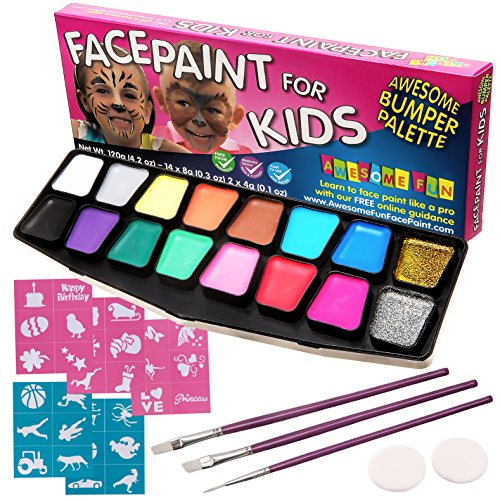 Face Paint Kit, BIG BUMPER 16-Pack for Kids with Make-Up Case. Face Painting Party Set with 3 Professional Brushes, 2 Sponges, 14 Colors, Stencils, Glitter Gel, FREE eBook. Safe Non-Toxic Water-Based