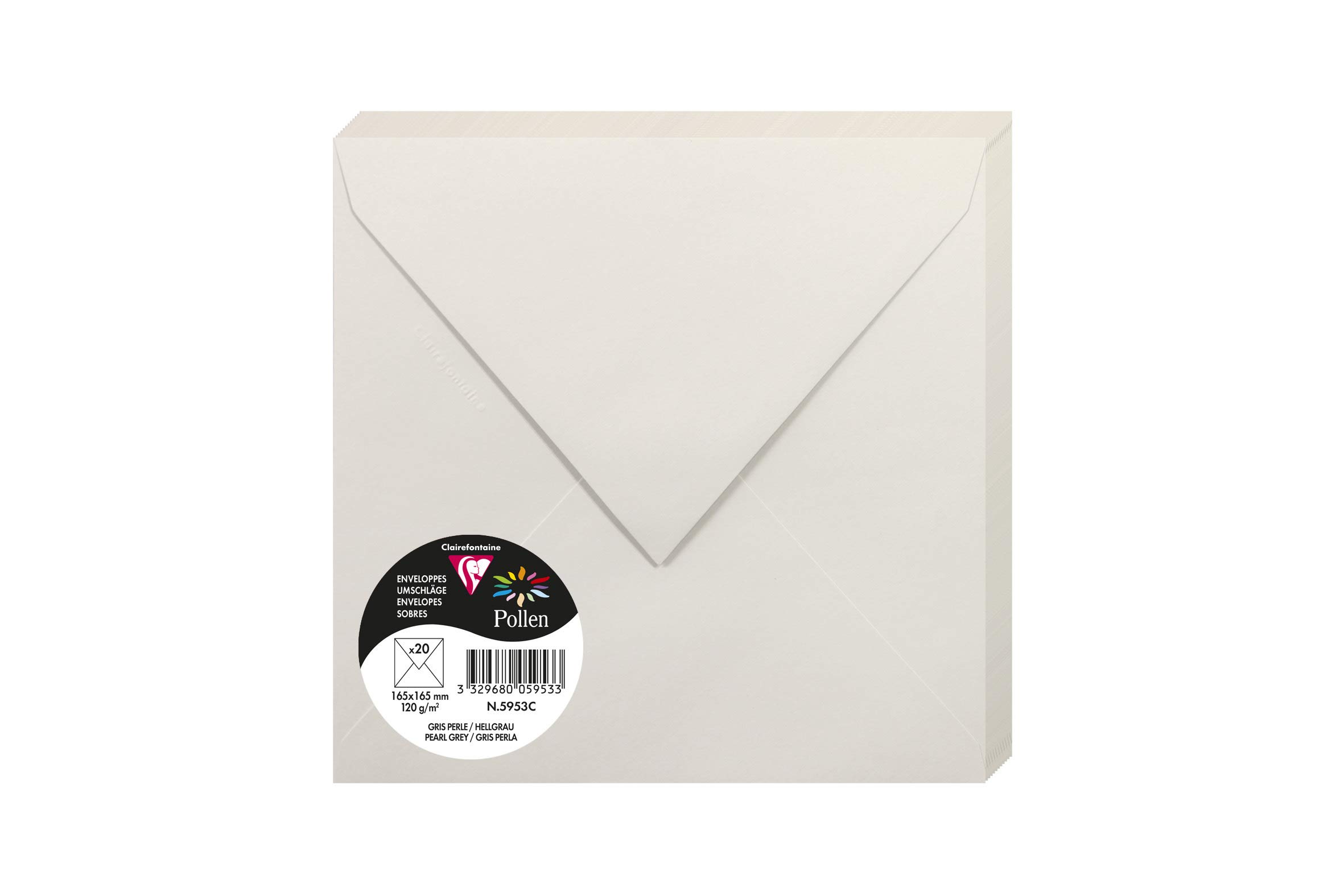 Clairefontaine 5953C Pack of 20 Gummed Envelopes Square Format 16.5x16.5cm 120g/m² Pearl Grey Invitation Event Correspondence Range Pollen Premium Smooth Paper