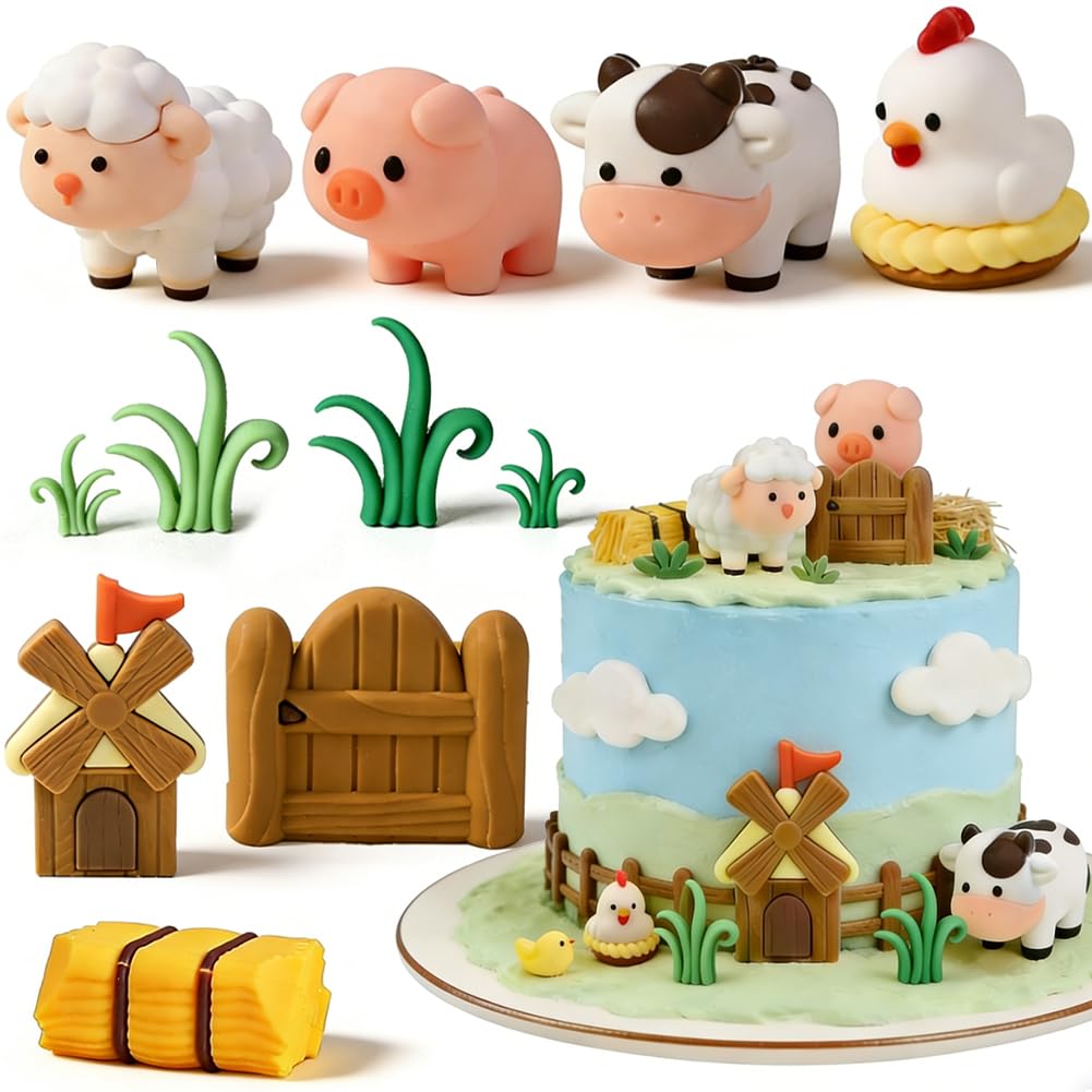 Farm Animal Birthday Cake Decoration 9Pcs 3D Cartoon Farm Animal Cake Topper Pig Cow Sheep Chicken Cake Decoration Cupcake Topper Picks for Farm Animal Baby Shower Kids Birthday Party