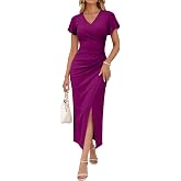 OWIN Women's Sexy V Neck Faux Wrap Ruffle Sleeve Bodycon Ruched Side Slit Cocktail Wedding Guest Party Dress
