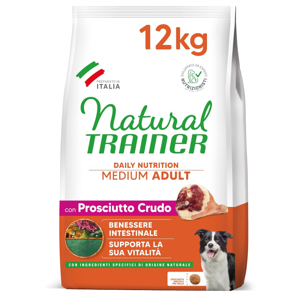 Natural Trainer Medium Size Adult Dog Food, Dry Food with Ham and Rice, 12 kg