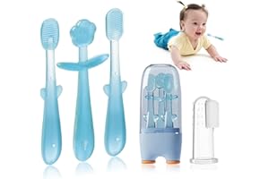 FOKiiBO Baby Silicone Toothbrush Set, Toothbrush + Tongue Brush + Baby Teether + Finger Toothbrush with Cup for Training Teething, 0-18M Infant Toddler Newborn Baby Teeth Brushes (Blue)