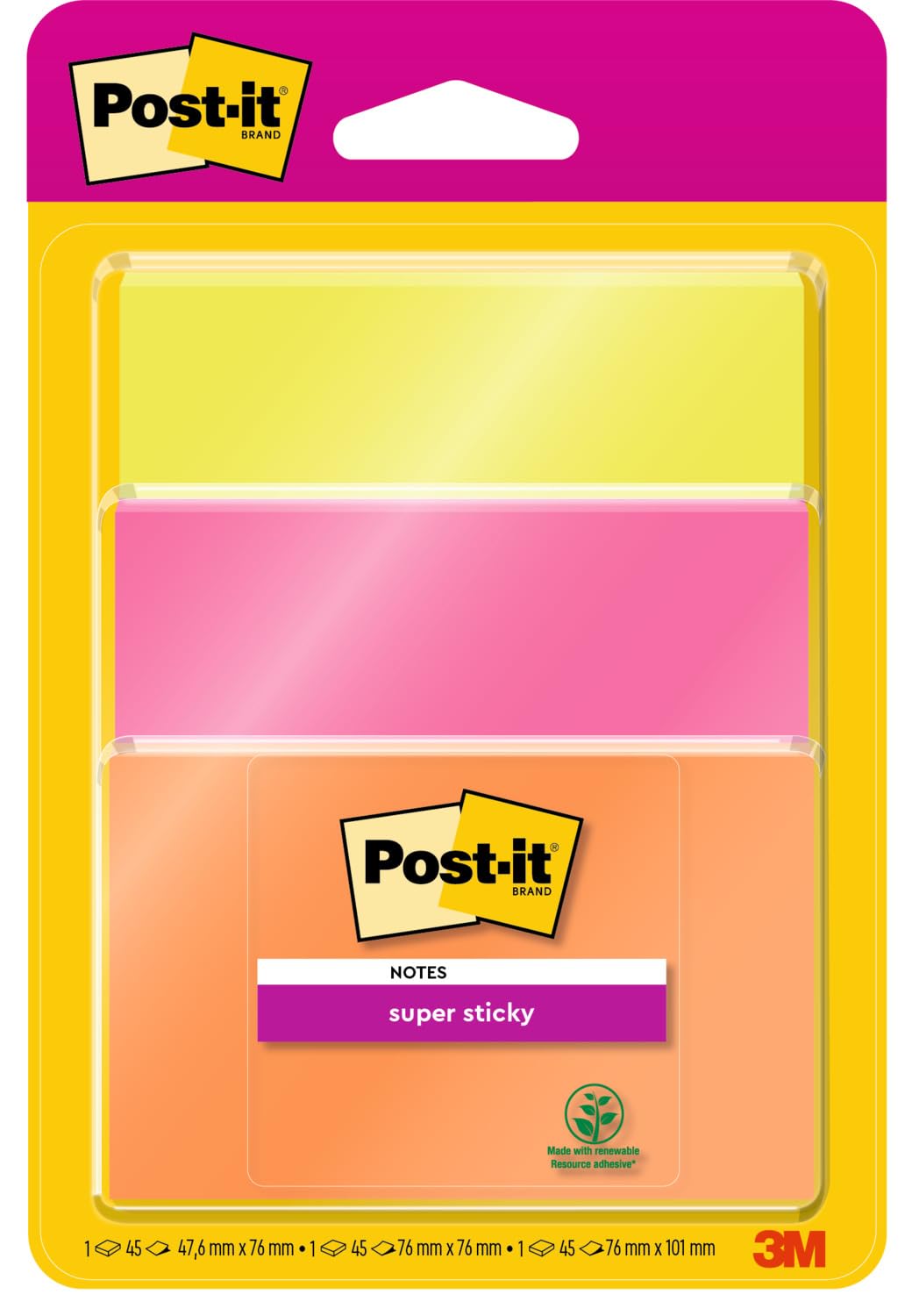 Post-it Super Sticky Notes, 135 Sheets, Pack of 3 Pads, 76 mm x 76 mm - Holds Strong to Many Surfaces - Assorted Colours - for Walls, Monitors and Fridge, Recycable