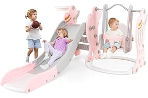 HONEY JOY 4 in 1 Toddler Slide and Swing Set, Indoor Outdoor Rocket Playset Gym with Baby Swing, Basketball Hoop, Ball, Kids Climber Play Set for Boys Girls, Playground Backyard Gifts (Pink)