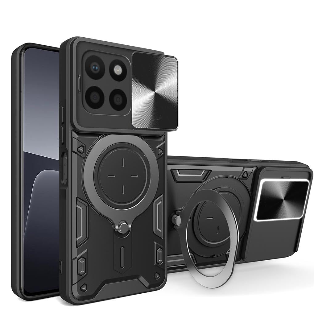 SEAHAI Case for HONOR X6a, Ultra-thin Silicone TPU Shockproof Hybrid Hard PC Cool Style Cover, with Slide Camera Cover and Metal Ring Magnetic Kickstand - Black