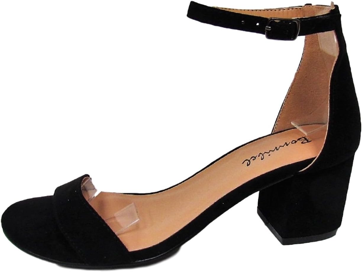Bonnibel Reina-1 Ankle Buckle Strap Open Peep Toe Low Block Chunky Heel Sandal Shoe Black