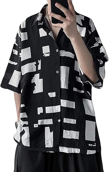 Amazon Aozuoトップス シャツ メンズ 韓国風 ゆったり ファッション 半袖シャツ ブラック ハンサム カジュアル 開襟シャツ 総柄シャツ 折り襟 プリント ストリート系 旅行 ヒップポップ おしゃれ シャツ 通販