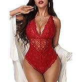 Aranmei Women's Sexy Lace Bodysuit Deep V Snap Crotch Teddy One Piece Lace Babydoll Lingerie