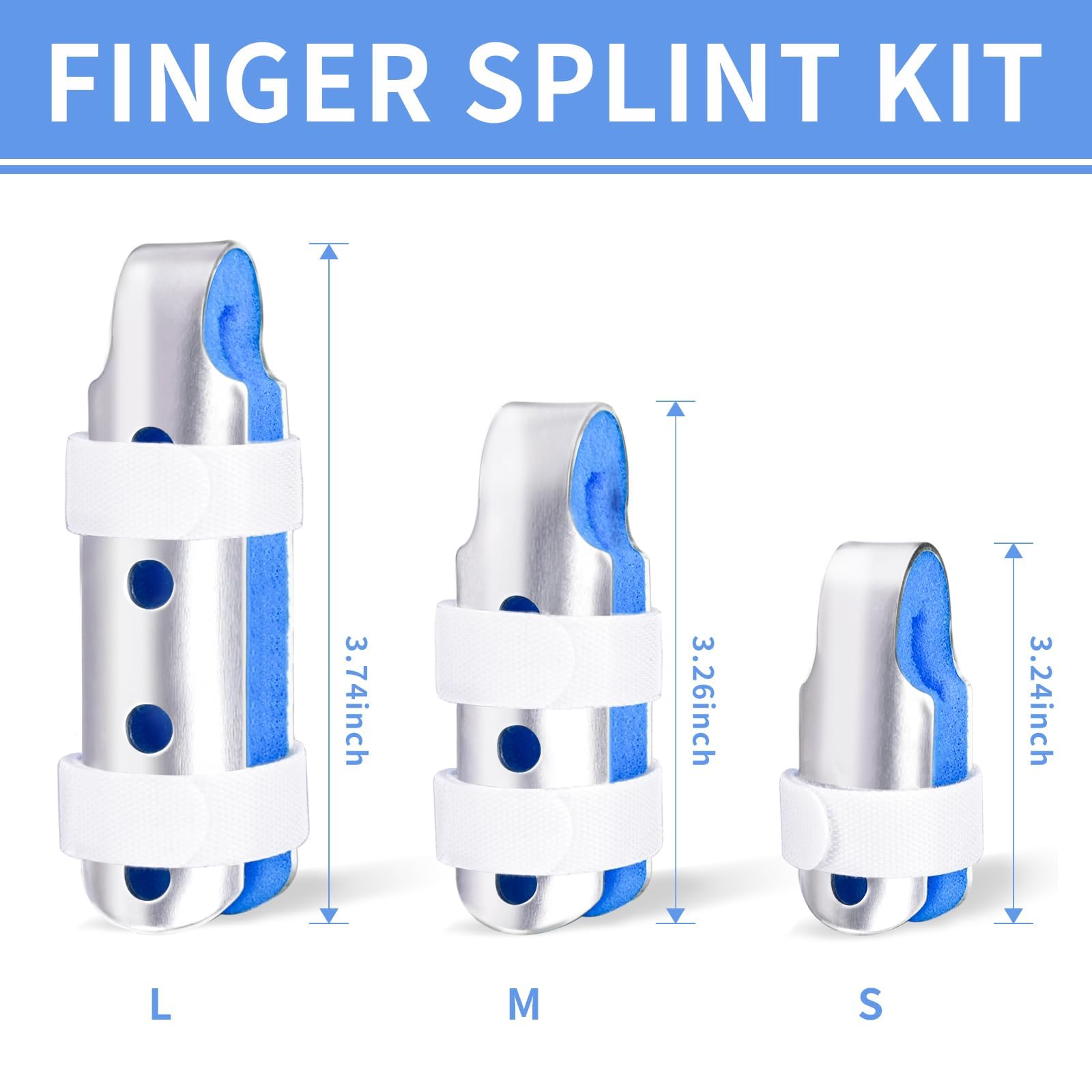 RHINO RESCUE Finger Splint, Set of 3 Sizes Broken Thumb & Finger Brace Support, Metal Stabilizer for Fractures, Strains, Sprains & Arthritis Pain Relief Adults & Children