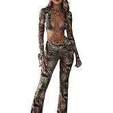 Mandonce 2 Piece Sets for Women Camo Ruched Long Sleeve Lace up Crop Top and Flare Leggings Sexy Club Going Out 2026 Outfits