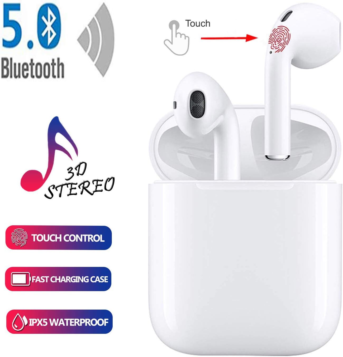 Bluetooth 5.0 Wireless Earbuds Headsets Bluetooth Headphones 【24Hrs Charging Case】 3D Stereo IPX5 Waterproof Pop-ups Auto Pairing Fast Charging for Earphone Samsung iOS Android Sport Earbuds