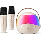 Mini Karaoke Machine Gifts for Kids Adults, Portable Karaoke Speaker with 2 Wireless Microphones, Kids Microphone with Speaker, Birthday Gifts for Girls Boys 3-12+ Year Old (Beige)