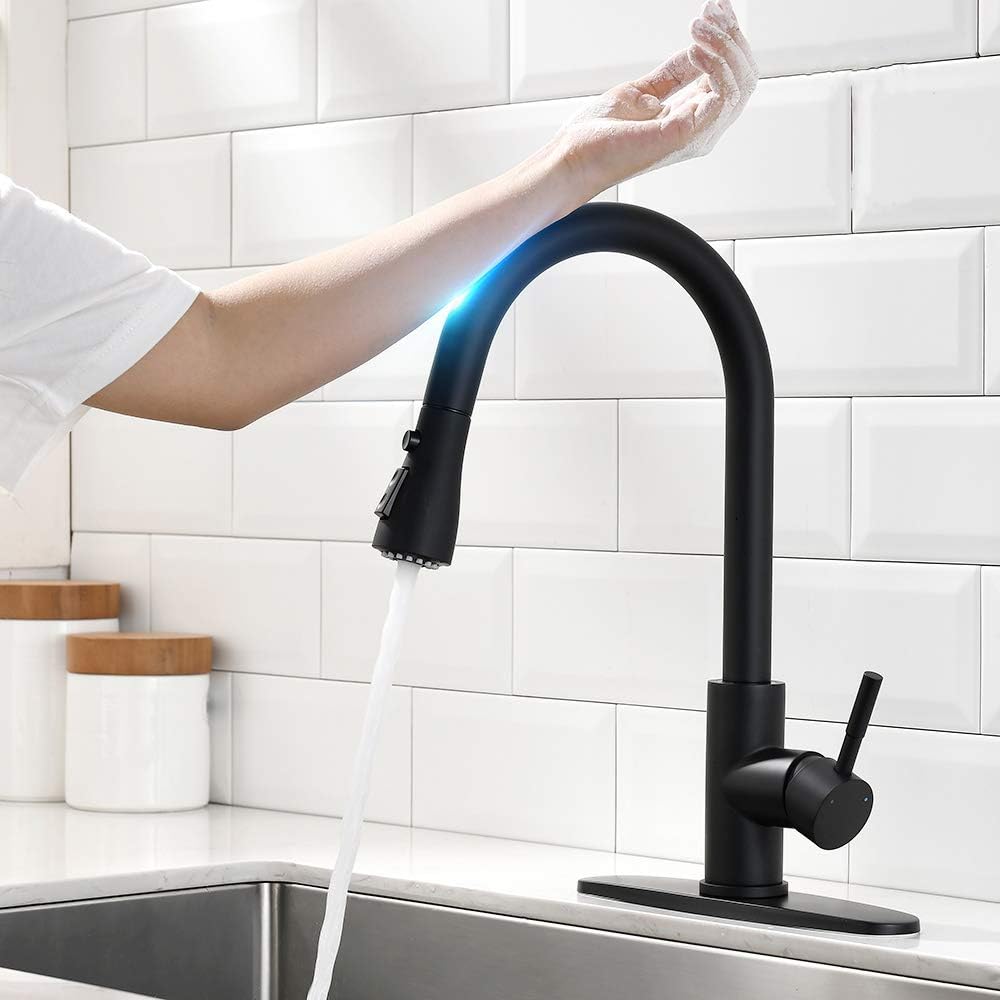 OWOFAN Touch On Kitchen Faucets with Pull Down Sprayer Smart Kitchen Sink Faucets with Deck Plate, Stainless Steel Matte Black 1068R - - 