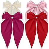 Atoden Women's Hair Bow, Silky Satin Hair Bow 4Pcs - Oversized Long Tail Bow Hair Clips, Large Hair Ribbon Barrettes, Metal Clips, Bowknot, Aesthetic Girls Hair Accessories, Beige, Pink, Red