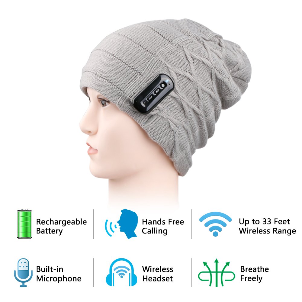 LC-dolida Bluetooth Wireless Music Beanie Hat Women Men Knitted Hat Cap with Microphone Stereo Headphones Headset HandsFree for Winter Outdoor Sports, Built-in Mic Grey