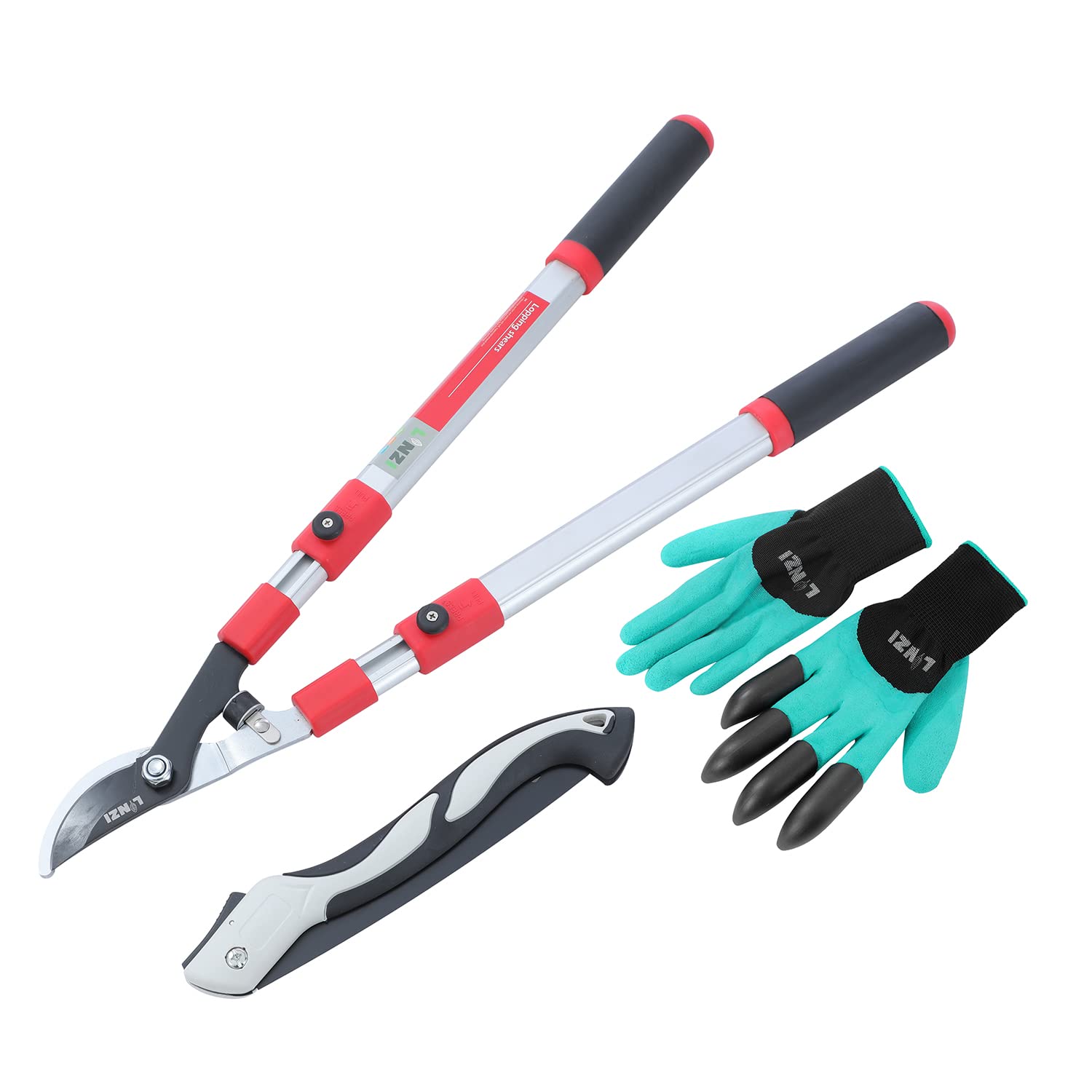 LINZI Garden Shears Set 3PCs, Bypass Loppers for Gardening Telescopic Aluminum Handle 660mm - 990mm + 250mm Folding Pruning Saw Hacksaw + Garden Gloves as Tree and Shrub Care Kit