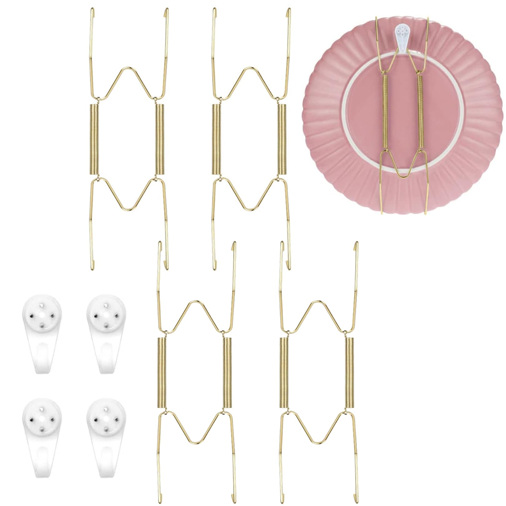 BDBF 4Pcs Invisible Plate Holders, Wall Plates with Stainless Steel W Shaped Spring Hooks, Decorative Sheet Metal Hangers