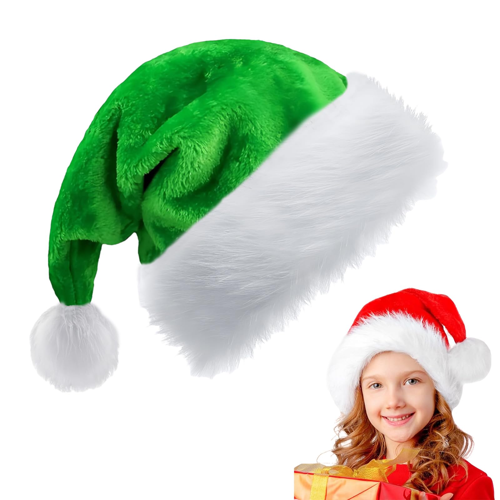 Green Santa Christmas Hat 28*38cm for Kids, Thickened Classic Xmas Plush Santa Claus Cap, Unisex Velvet Father Christmas Costume, Party Cap for New Year Festive Gift