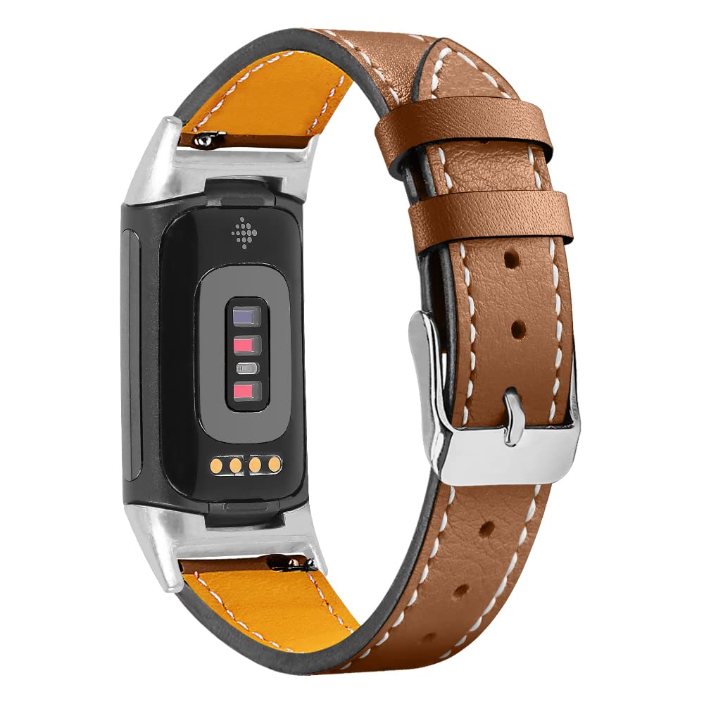 AISPORTS Leather Strap Compatible for Fitbit Charge 6/5 Strap for Women Men, Soft Breathable Leather Sport Wristband Metal Buckle Clasp Bracelet Replacement Band for Fitbit Charge 6/5