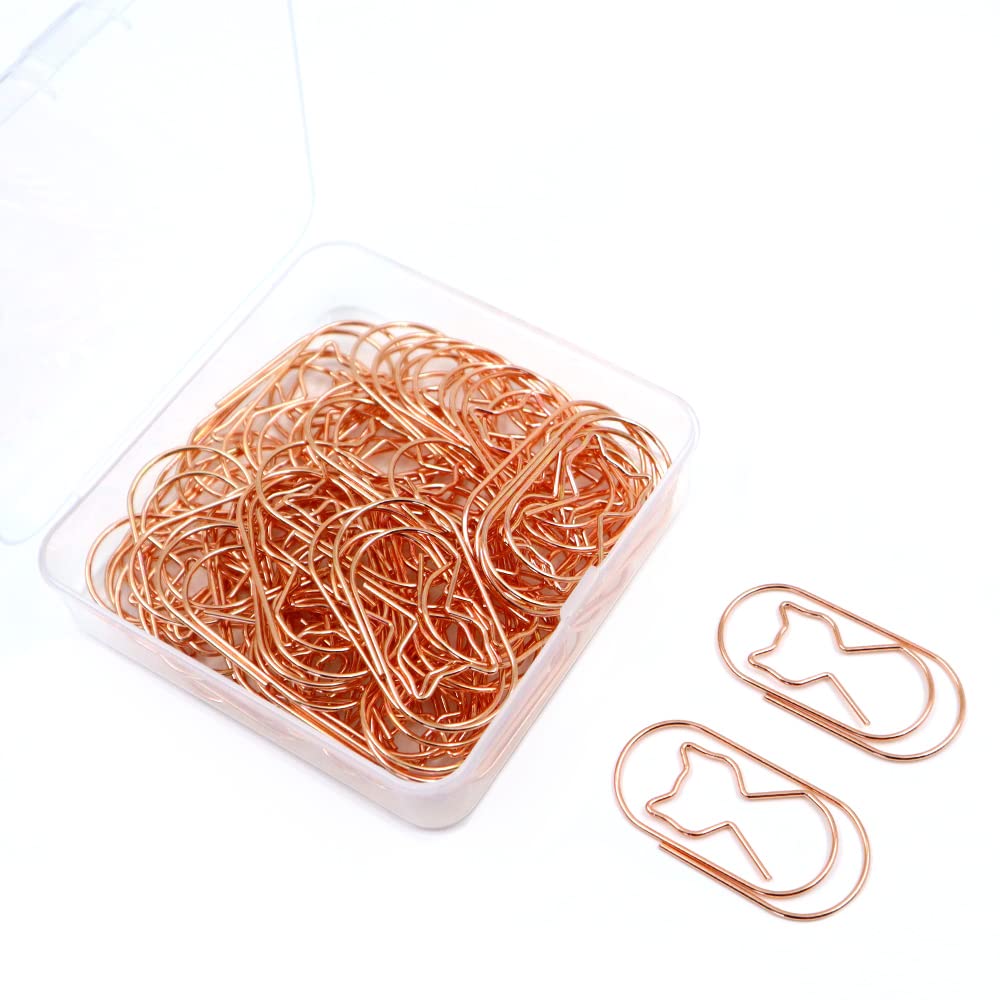 Haohai 50Pcs Cat Paper Clips, Office School Home Desk Organizers (Rose Gold, Metal, 1.96 inches, 25mm x 50mm)