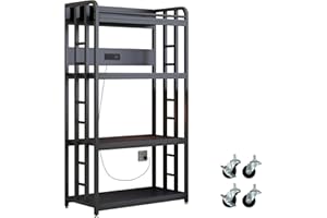 METYERRY Adjustable 4-Tier Heavy Duty Kitchen Baker's Rack with Power Outlet, with Industrial Wheels, Free Standing Microwave Oven Cart Stand for Storage, Garage, Mini Fridge Stand, Black