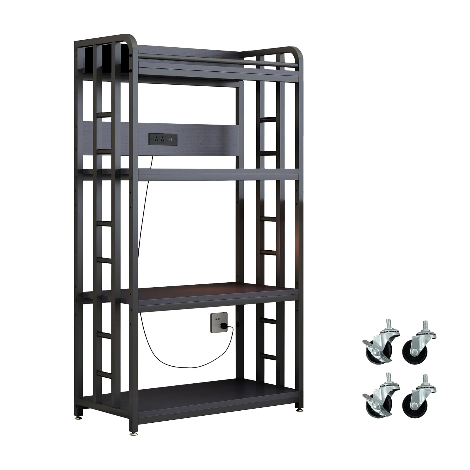 Photo 1 of (used item) METYERRY Adjustable 4-Tier Heavy Duty Kitchen Baker's Rack with Power Outlet, with Industrial Wheels