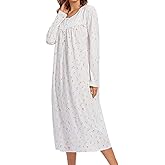 FMIRREO Long Cotton Nightgown Women's Long Sleeve Sleepwear Pleated Floral House Dress Soft Comfy Night Dress for Ladies