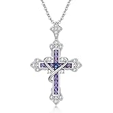 EUSJ Cross Necklace for Women 925 Sterling Silver with Colored Gemstone Pendant for Mom Wife Her