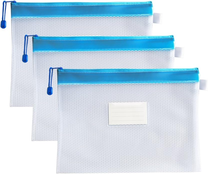 A4 Zip File Bags with ID Window - Robust and Weatherproof Mesh Document Bags for Multi-Purpose Storage and Projects (Pack of 3)