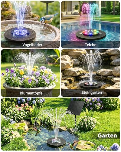 Boadw Fuente Solar para Exteriores 8W con batería 1800mAh –Bomba de Estanque Solar, Ideal para abrevadero de pájaros, pequeño Estanque y Juegos de Agua – 10 Estilos de Chorro y 8 LED de Colores