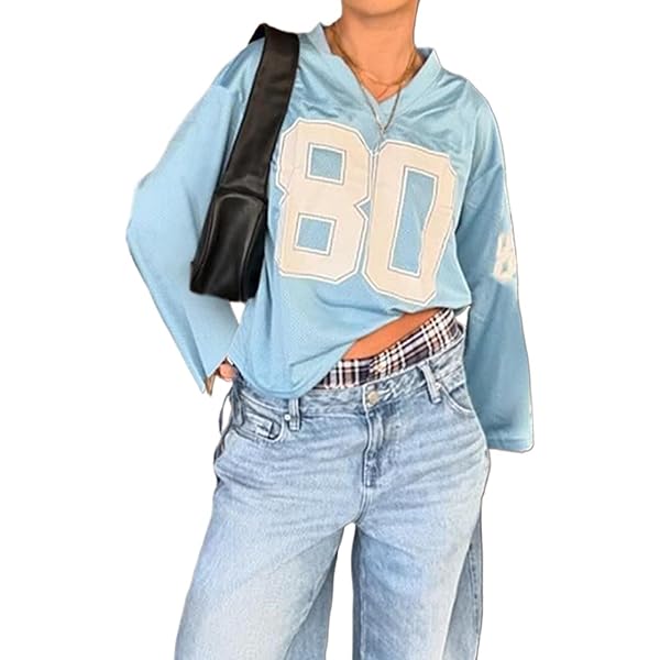 Women Y2k Oversized Jersey Shirt Number Print Short Sleeve V