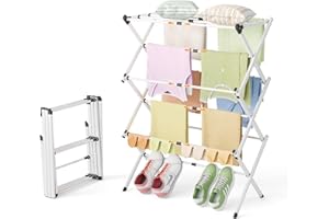 Collapsible Floor Drying Rack - Free Standing Accordion Laundry Dryer, Retractable Metal Clothes Hanger with Shoe Storage, He