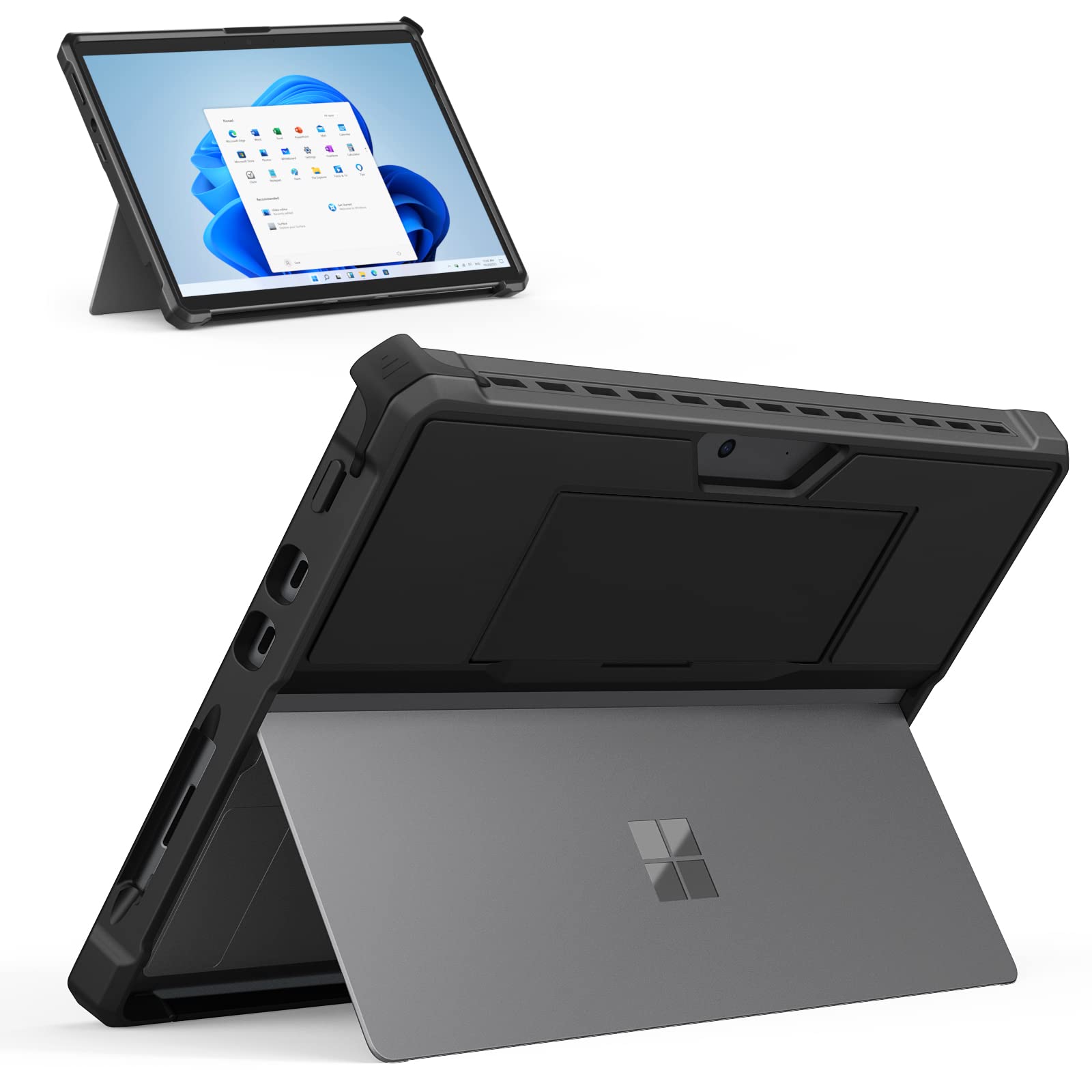 MoKo Case Fits Microsoft Surface Pro 8 13" Touchscreen 2021 Release Tablet, All-in-One Protective Rugged Cover Case with Hand Strap, Compatible with Type Cover Keyboard, Black