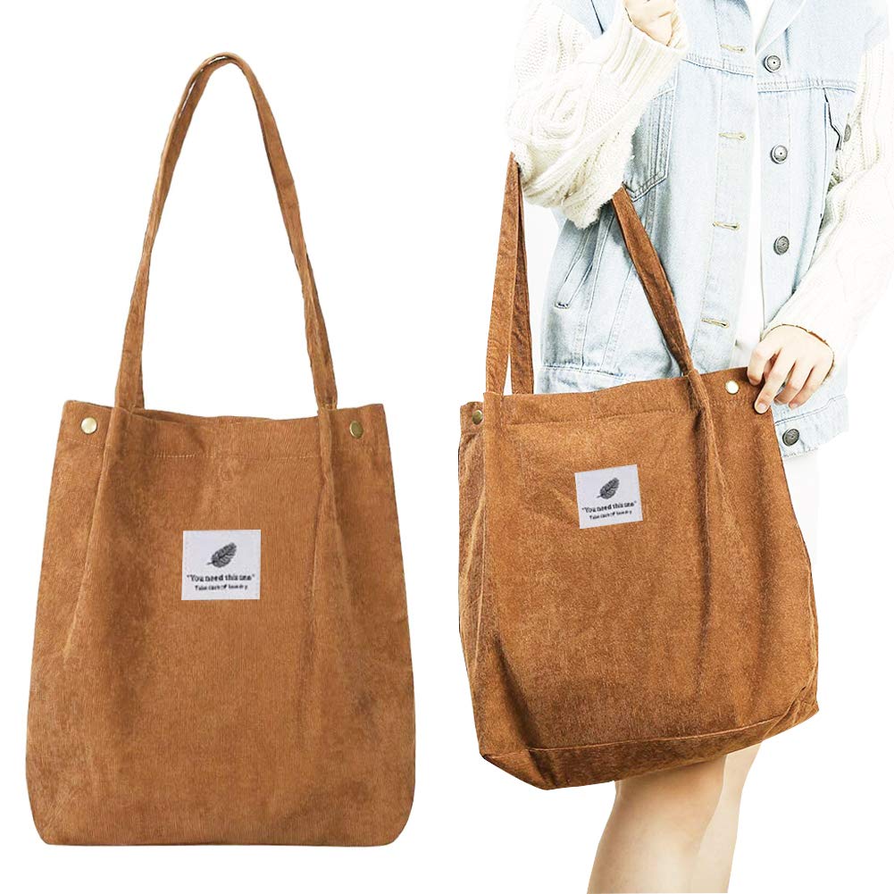 BAIBEI Corduroy Totes Bag, Solid Shoulder Bags, Canvas Solid Shoulder Bag Retro Casual Handbags Womens Shoulder Handbags Big Capacity Shopping Bag, Light brown