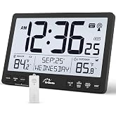 WallarGe Extra Large Atomic Wall Clock with Backlight, Battery Operated | 3'' Jumbo Clear Numbers with Indoor/Outdoor Temp, Day and Date Display, Self-setting Clock with Auto DST, Easy to Use