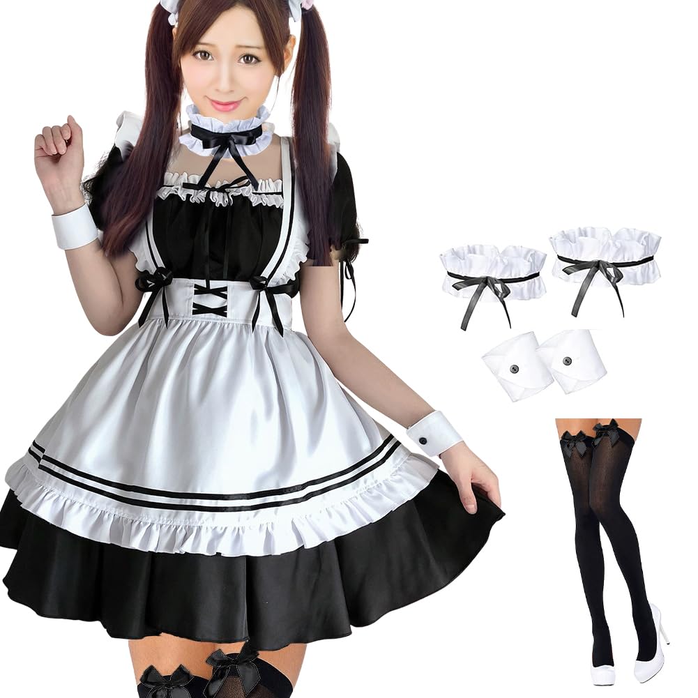 Gohytal Anime French Maid Outfit - Lolita Fancy Queen Princess Dress Cosplay Costume Gloves Socks Set, Girl Sweet Kawaii Costume, Halloween Party Dress Set (M)