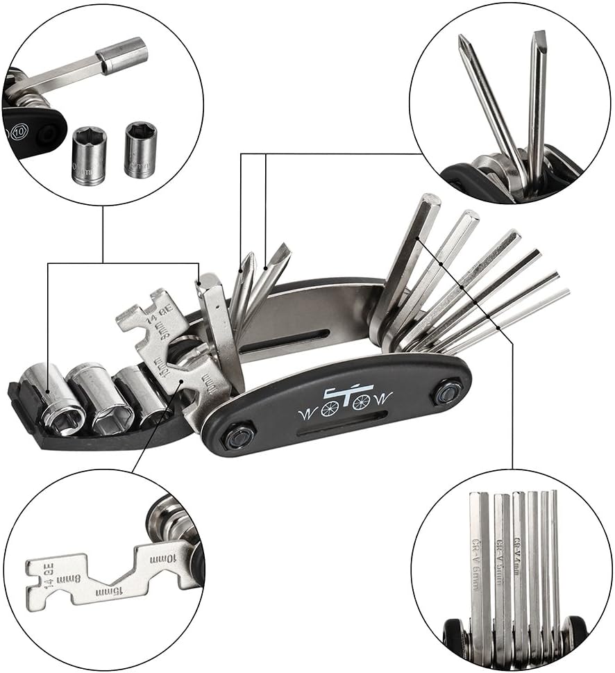 WOTOW Bike Repair Set Bag Bicycle Multi Function 16 in 1 Tool Kit Hex Key Wrench Tire Patch Lever Portable Handy Multi Tool Maintenance Fix Mini Set for Road Mountain Bikes (16 in 1) : Sports & Outdoors