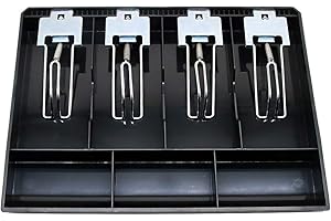 GELIBLE Cash Register Drawer Insert Tray 4 Bill/3 Coin Compartments with Metal Clip for Money Storage, Black