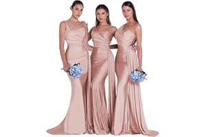 OYI Women's One Shoulder Mermaid Bridesmaid Dresses Long Ruched Bodycon Satin Formal Prom Gowns YZTS068