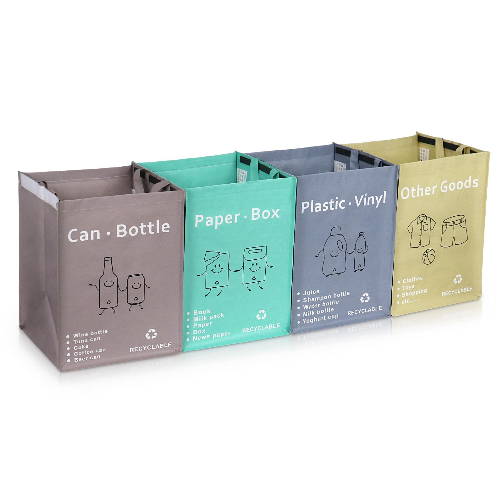 BOMEI PACK 4 Packs Recycling Bags with handle Separate Sorting Organizer Woven waste Bin bag Waterproofs for Kitchen Home Office Heavy Duty Reusable Storage bag,Easy clean