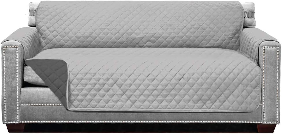 Original Patent Pending Reversible Loveseat Protector for Seat Width up to 54 Inch, Furniture Slipcover, 2 Inch Strap, Couch Slip Cover Throw for Pets, Dogs, Love Seat, Light Gray Charcoa