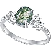 Gem's Beauty Green Moss Agate Rings 14K Gold/14K Rose Gold Three Stone Engagement Ring in 925 Sterling Silver Women's Gold Ring Gifts for Her