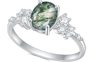 Gem's Beauty Green Moss Agate Rings 14K Gold/14K Rose Gold Three Stone Engagement Ring in 925 Sterling Silver Women's Gold Ring Gifts for Her