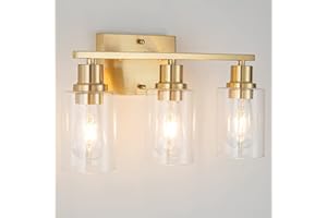FILIMITIY 3-Lights Gold Bathroom Light Fixture, Brushed Brass Vanity Light with Clear Glass Shade, Modern Bath Wall Lights for Living Room, Hallway, Bedroom