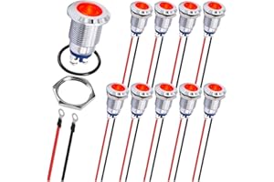MKBKLLJY 10Pcs Red Indicator Light 12mm 1/2" Waterproof IP67 Metal Signal Lamp 12V 24V AC/DC LED Pilot Dash Lamp Screw Terminal Concave Head with 24AWG 120mm Terminal Wires for Car Boat Gauge Cluster