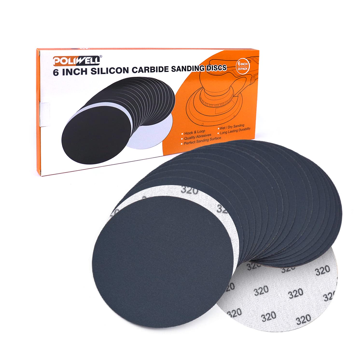 6 Inch (150mm) 320 Grit Sanding Discs, Waterproof Hook & Loop Heavy Duty Silicon Carbide Round Flocking Sandpaper for Wet/Dry Sanding Grinder Polishing Accessories, 20-Pack