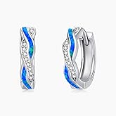 TakNii Hoop Earrings for Women S925 Sterling Silver White/Blue/Green/Pink/Black/Orange Opal Earrings Cubic Zirconia Hypoallergenic Huggie Earrings for Women Jewelry Gift