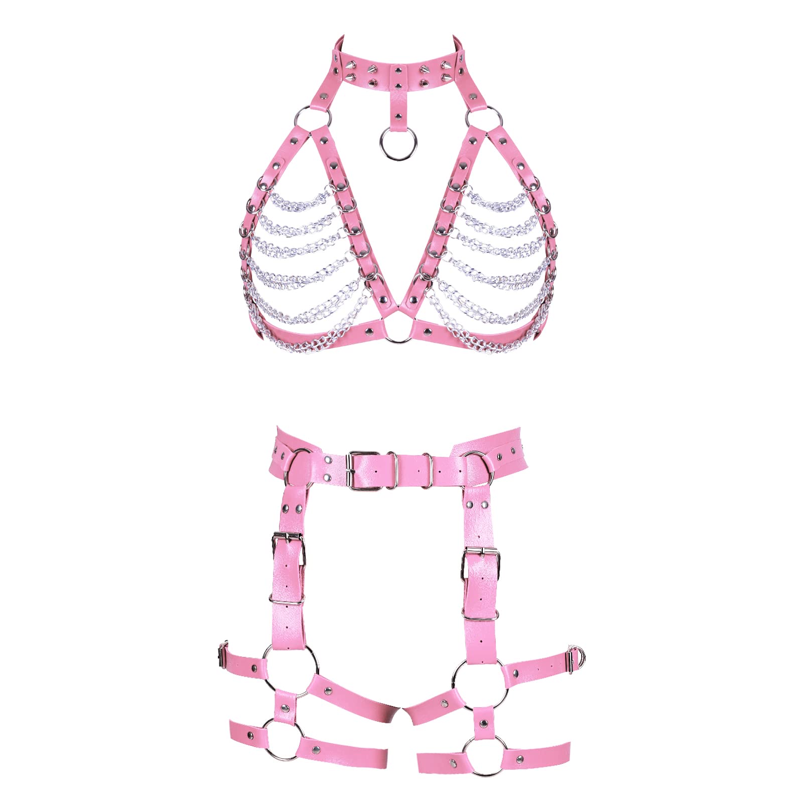 Photo 1 of Punk Waist garter belt Full body chain harness for women Photography Dance Rock Leather set Halloween Party Gothic (Pink)