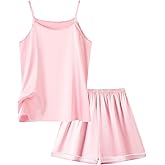 Girls Silk Pajamas Satin Sleepwear Cami Shorts Matching Pj Set, Pink, 11-12 Years = Tag 160