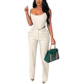 WOKANSE Women's Sexy Chic PU Faux Leather 2 Piece Outfits Tube Crop Tops and Casual Straight Leg Trousers Pants Set